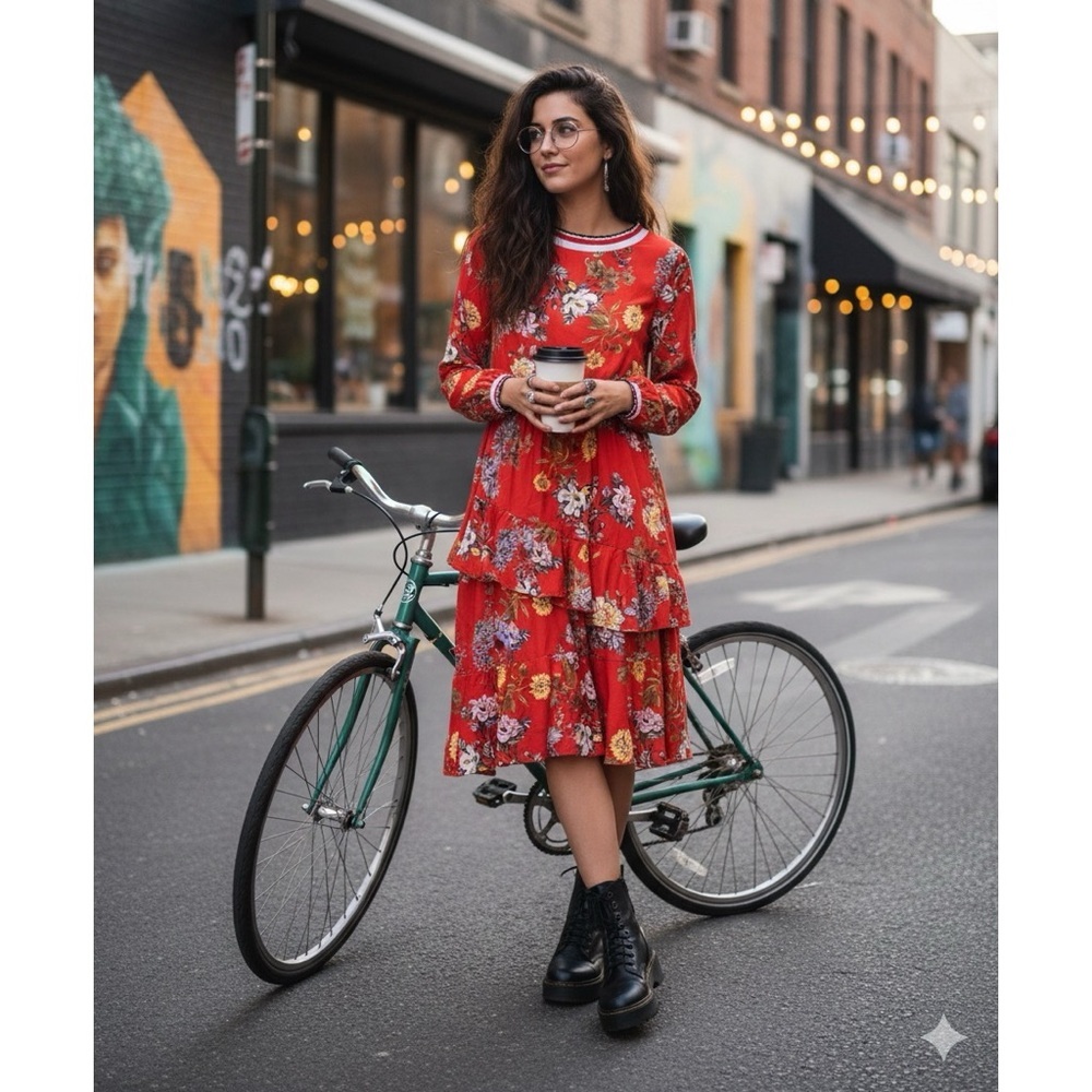 VANESSA SCOTT Red Floral‎ Asymmetrical Hem Dress